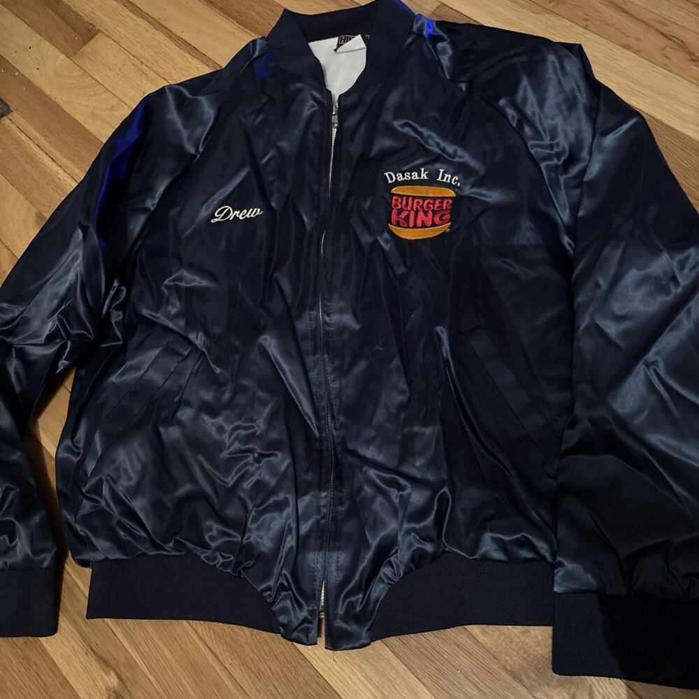 Vintage 1980s Burger King Nylon Bomber Jacket XL Dasak Inc. Glossy Blue Drew